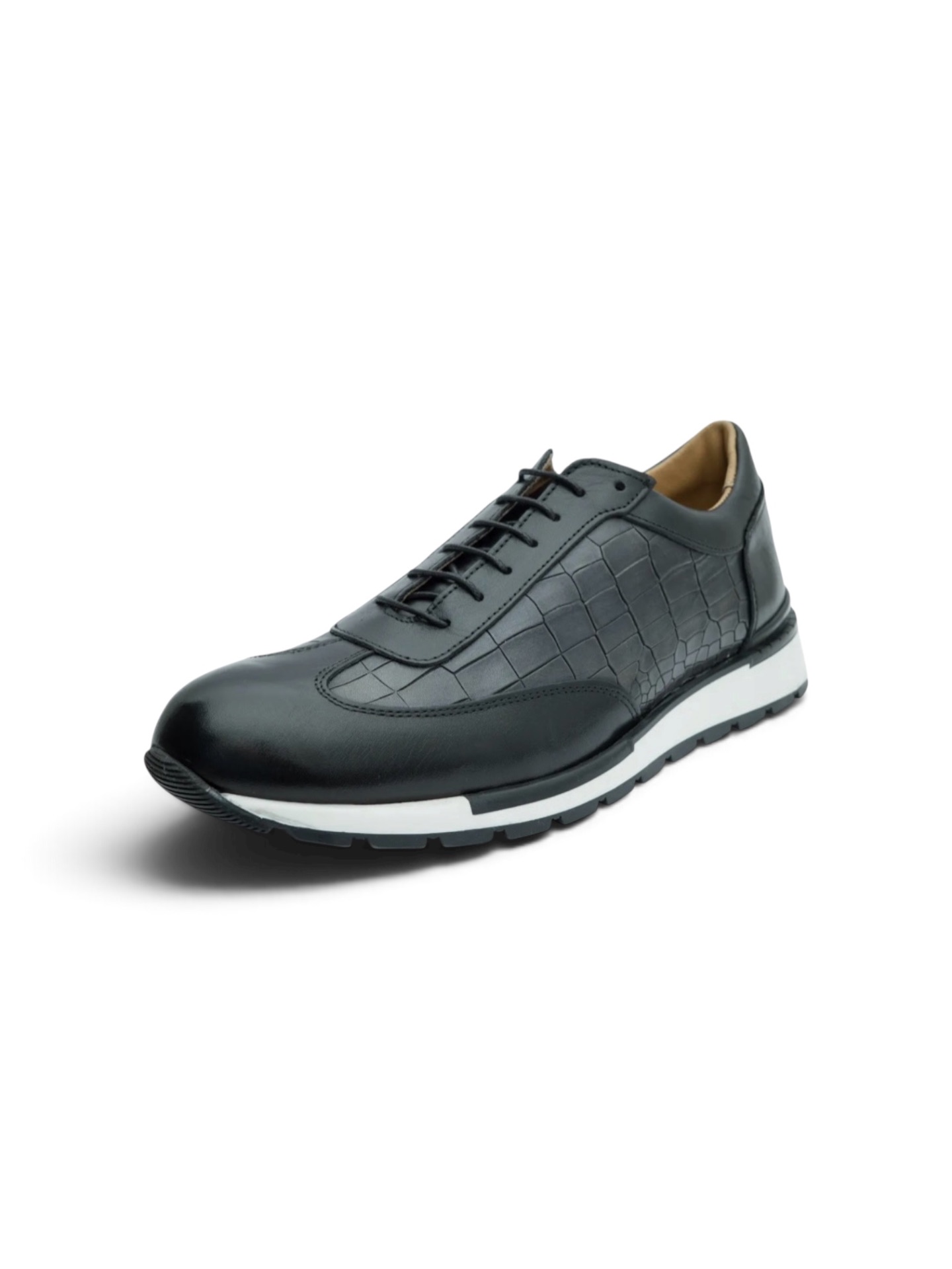 Black Leather Lace-Up with Crocodile