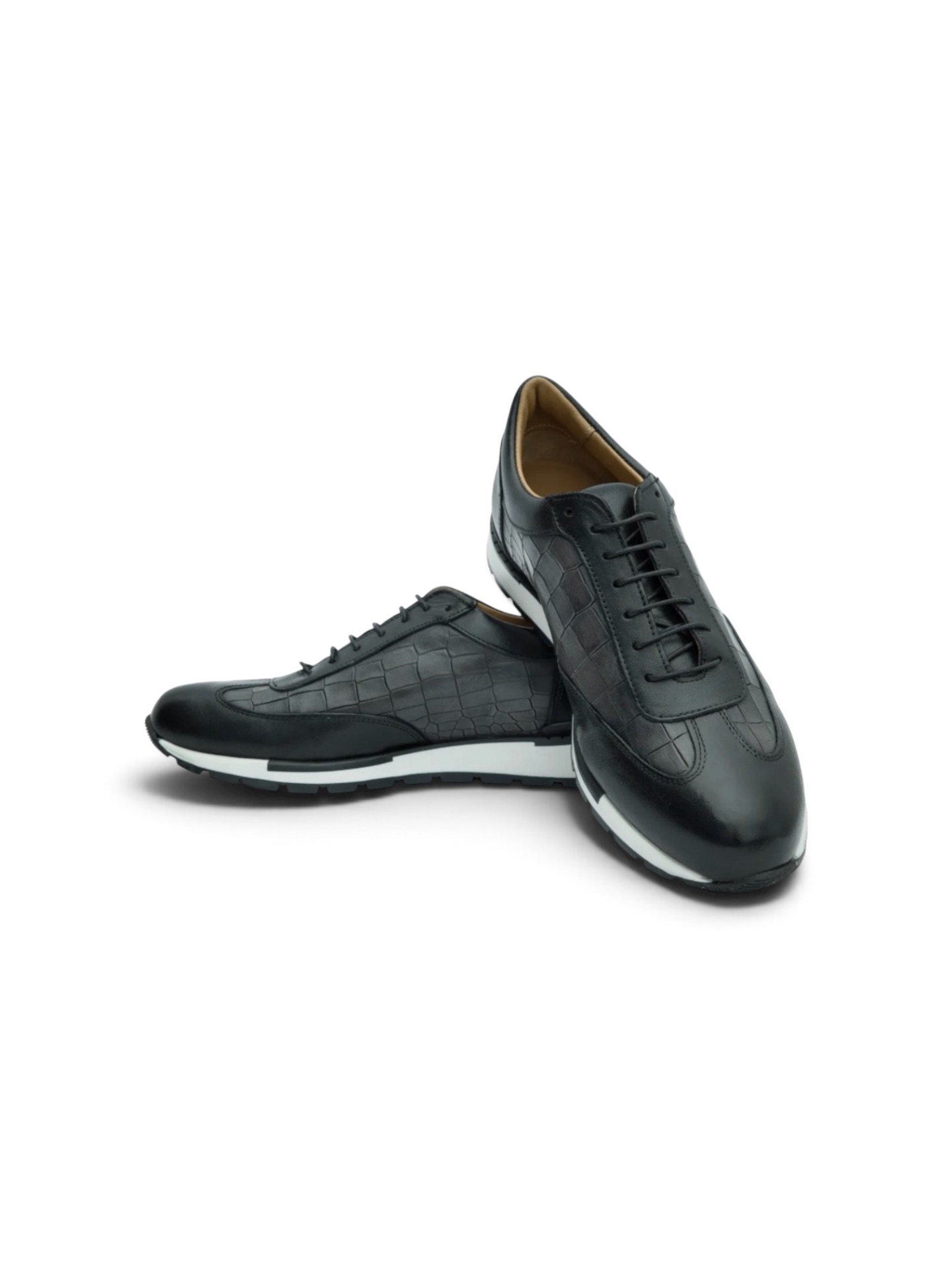 Black Leather Lace-Up with Crocodile
