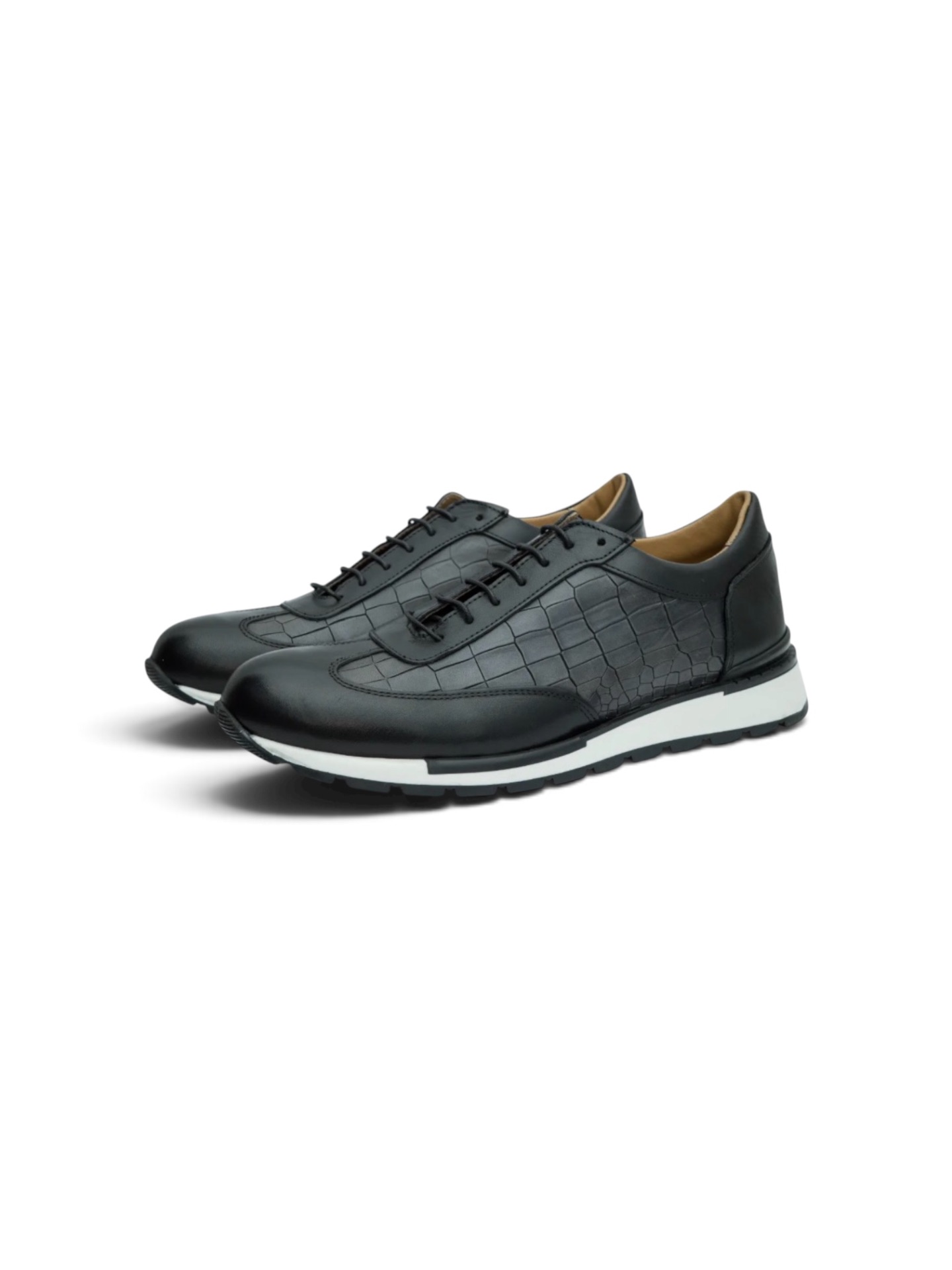 Black Leather Lace-Up with Crocodile