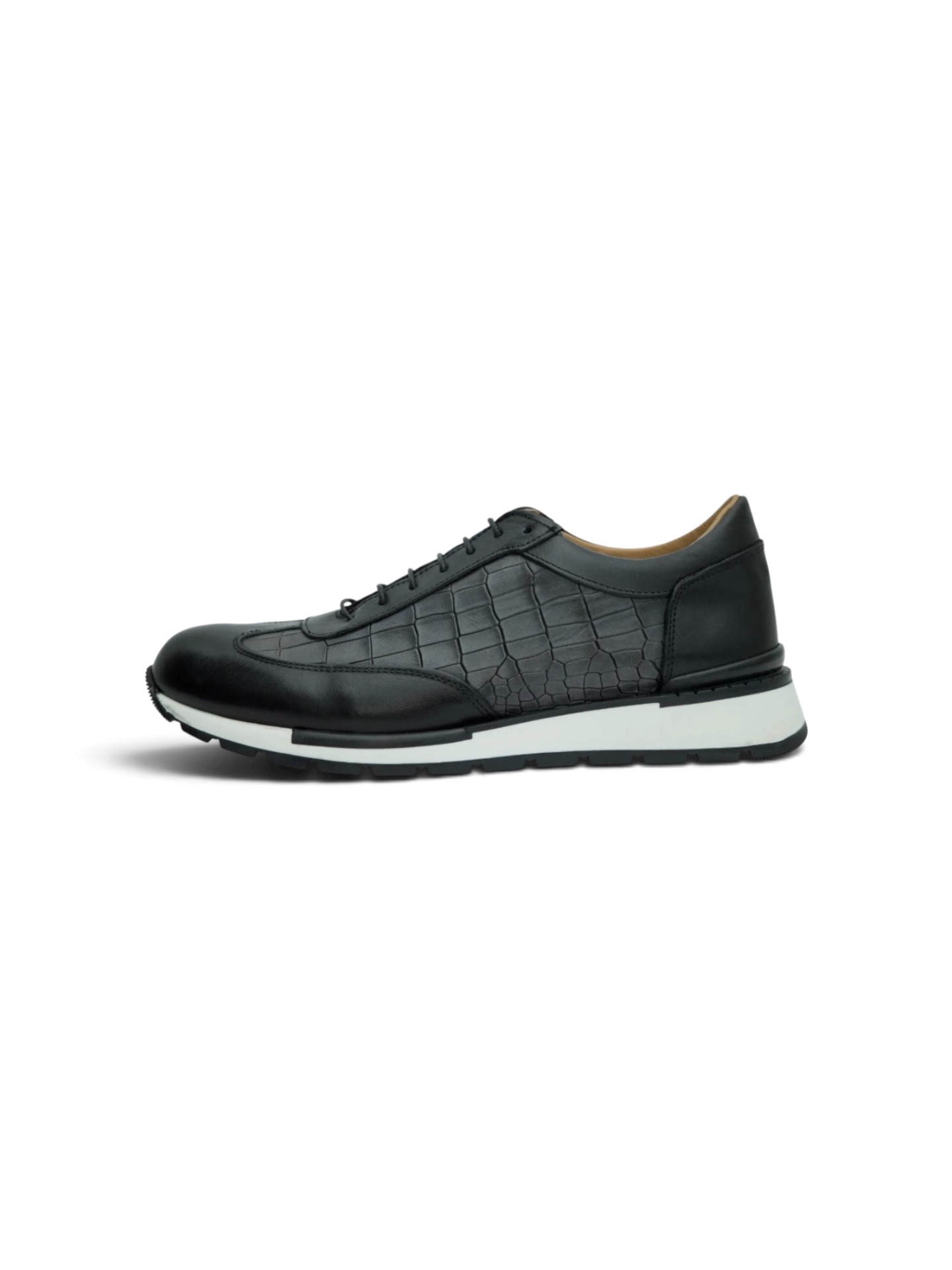 Black Leather Lace-Up with Crocodile