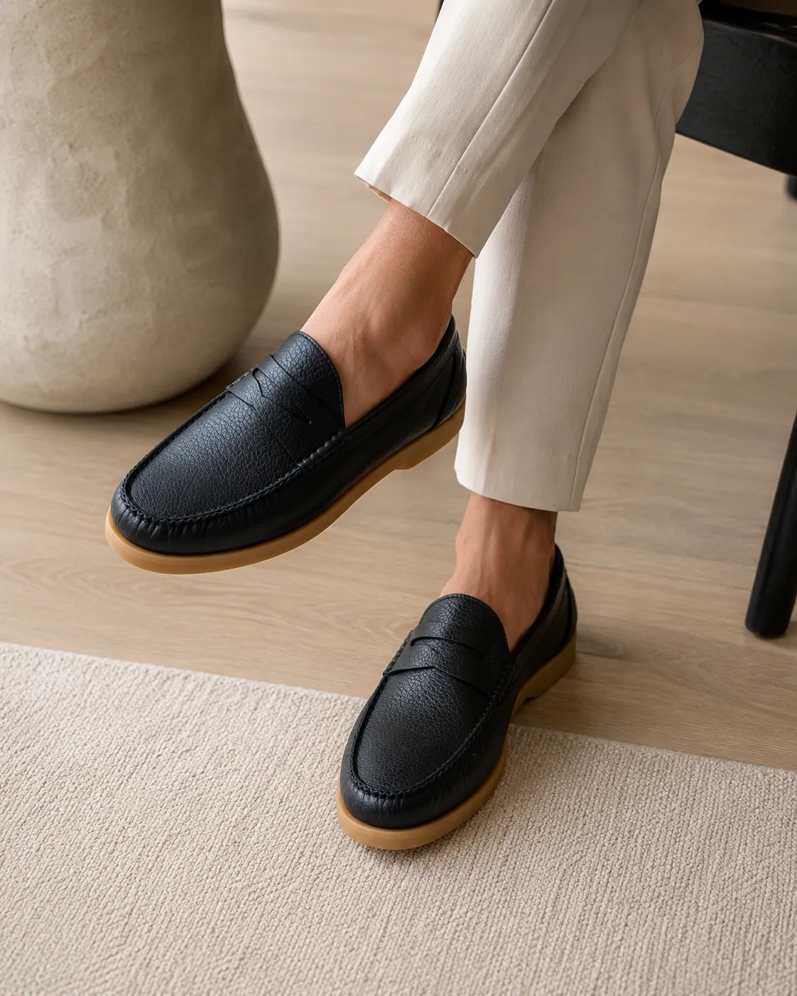 Dark Blue Leather Penny Loafers