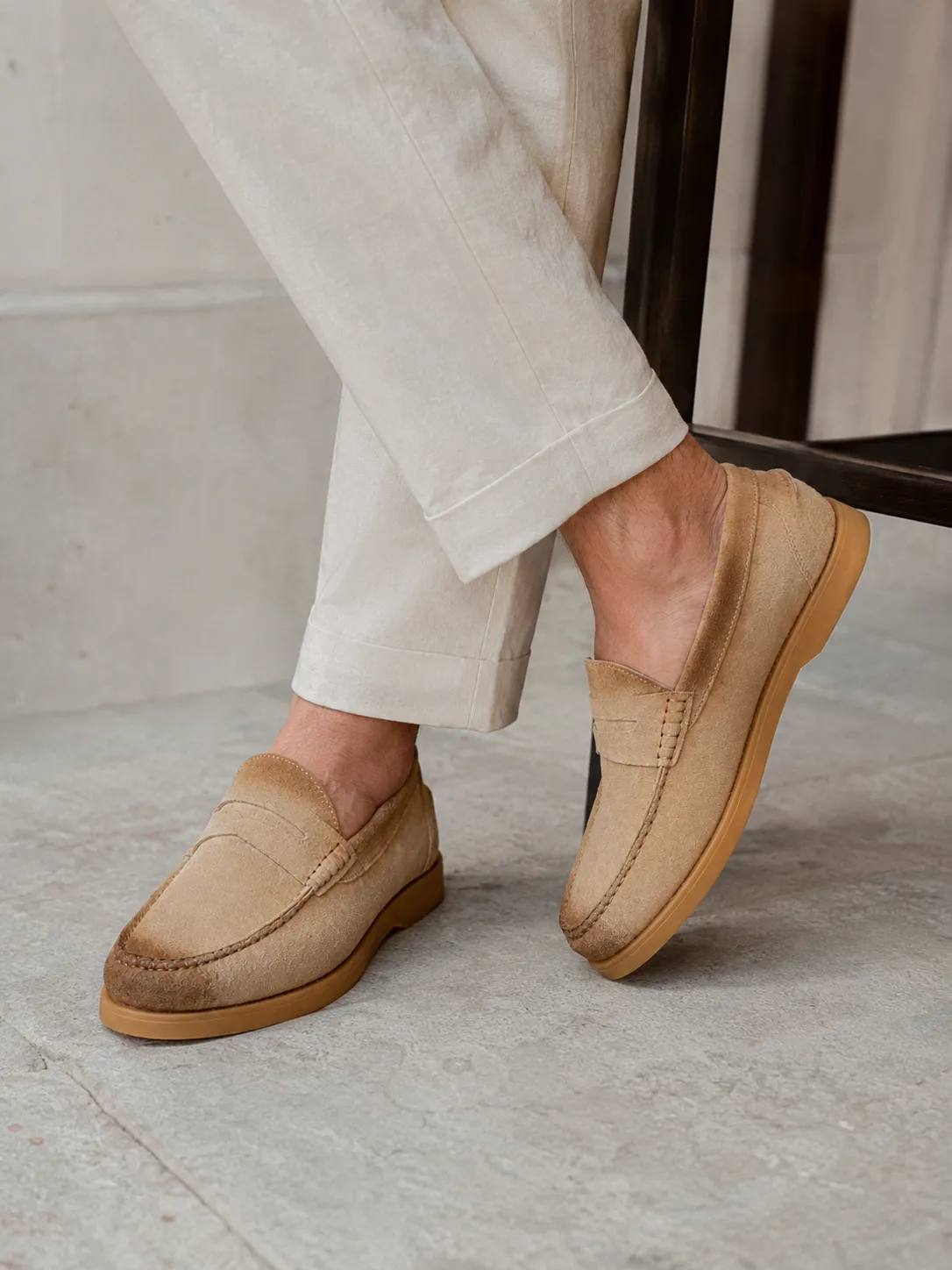 Beige Suede Penny Loafers