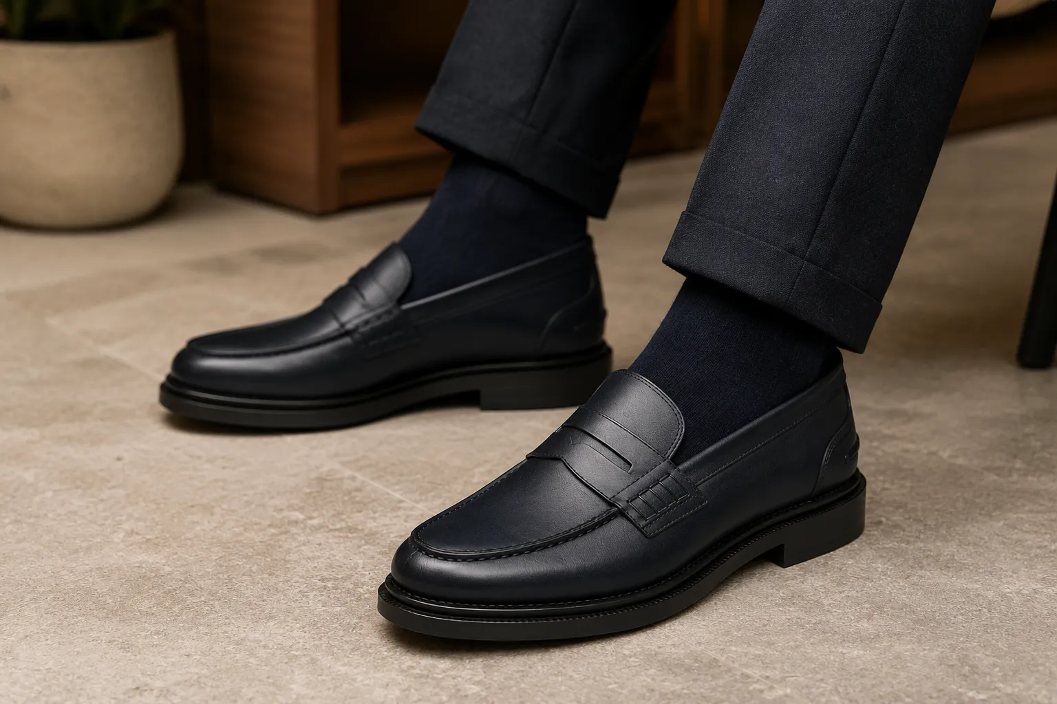Navy Leather Penny Loafers