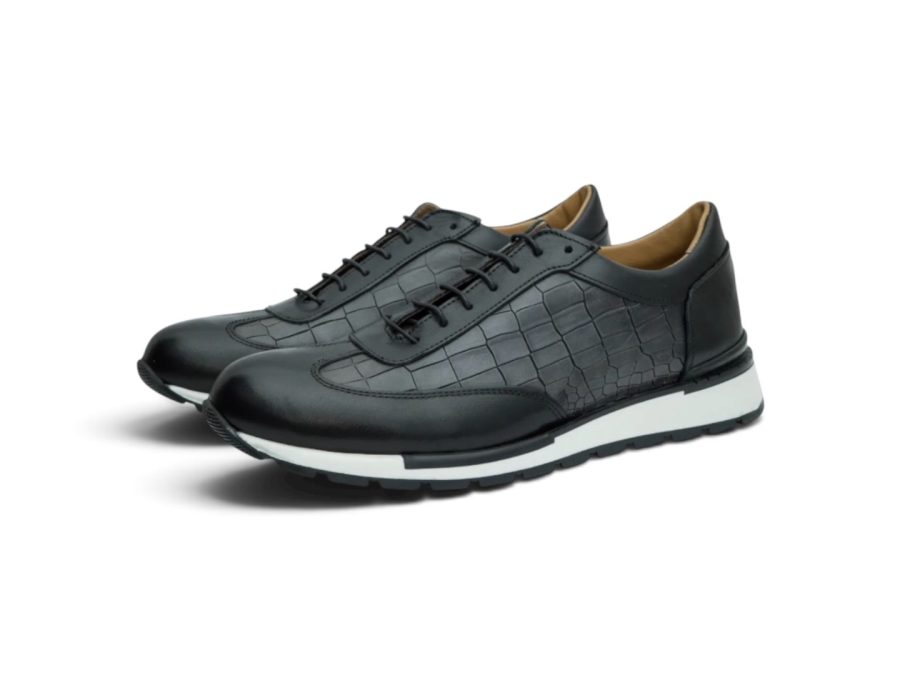 Black Leather Lace-Up with Crocodile