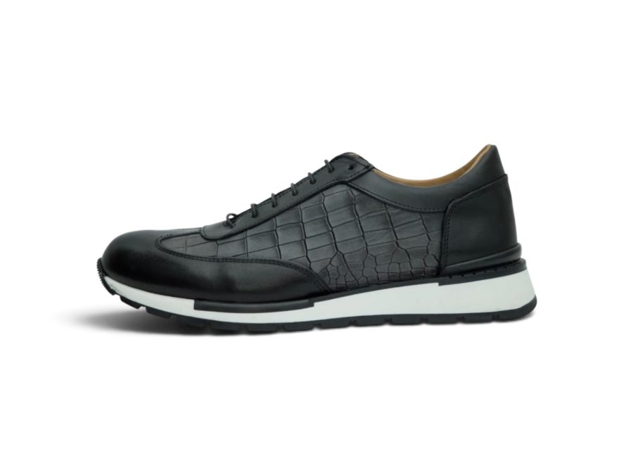Black Leather Lace-Up with Crocodile
