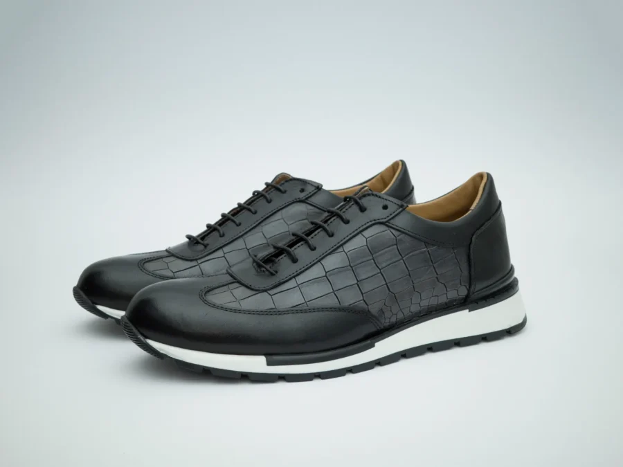 Black Leather Lace-Up with Crocodile