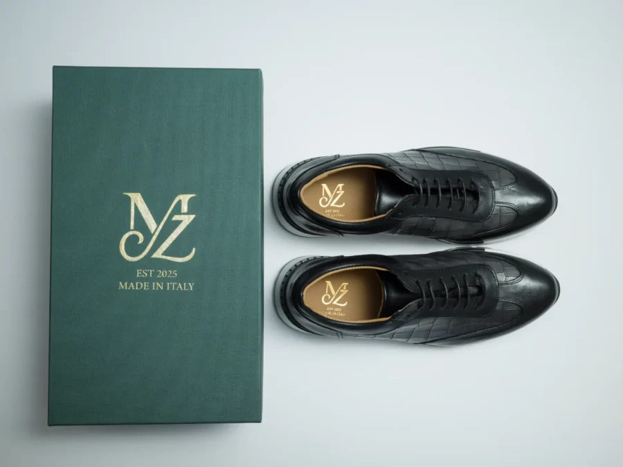 Black Leather Lace-Up with Crocodile