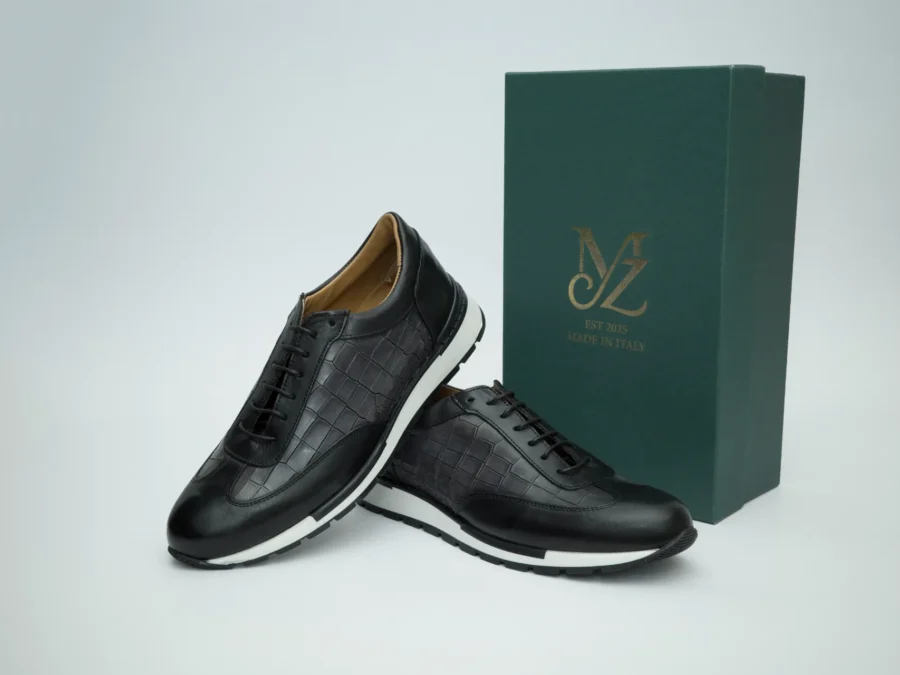 Black Leather Lace-Up with Crocodile