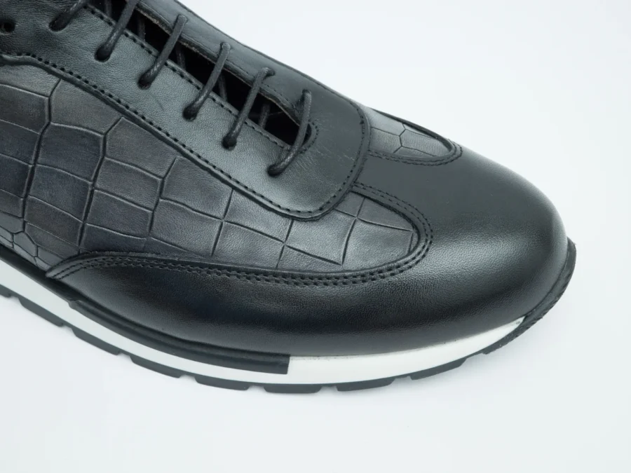 Black Leather Lace-Up with Crocodile