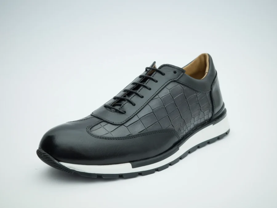 Black Leather Lace-Up with Crocodile