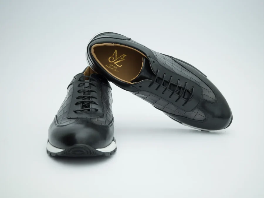 Black Leather Lace-Up with Crocodile