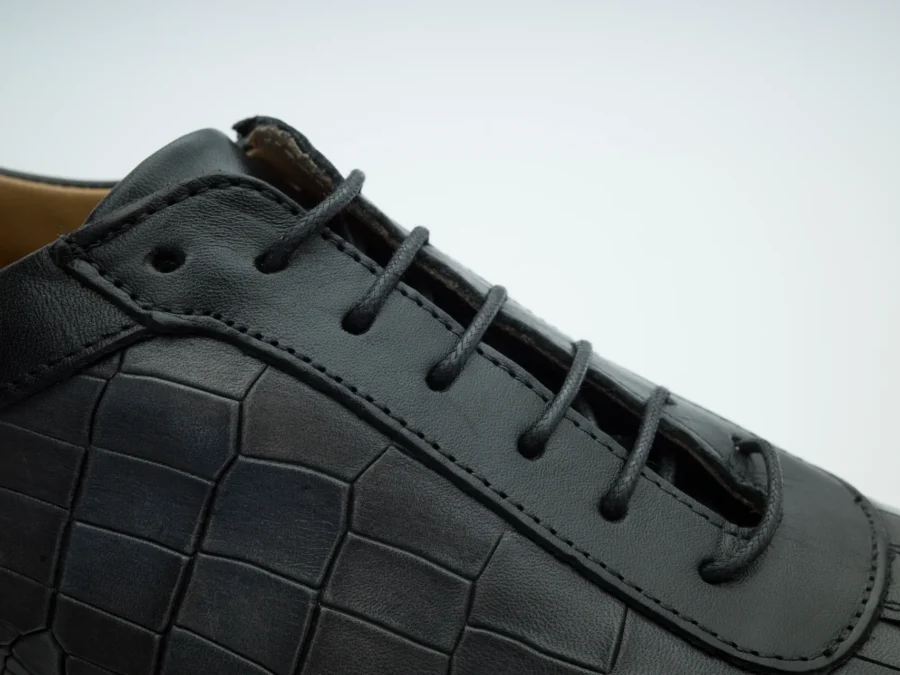 Black Leather Lace-Up with Crocodile