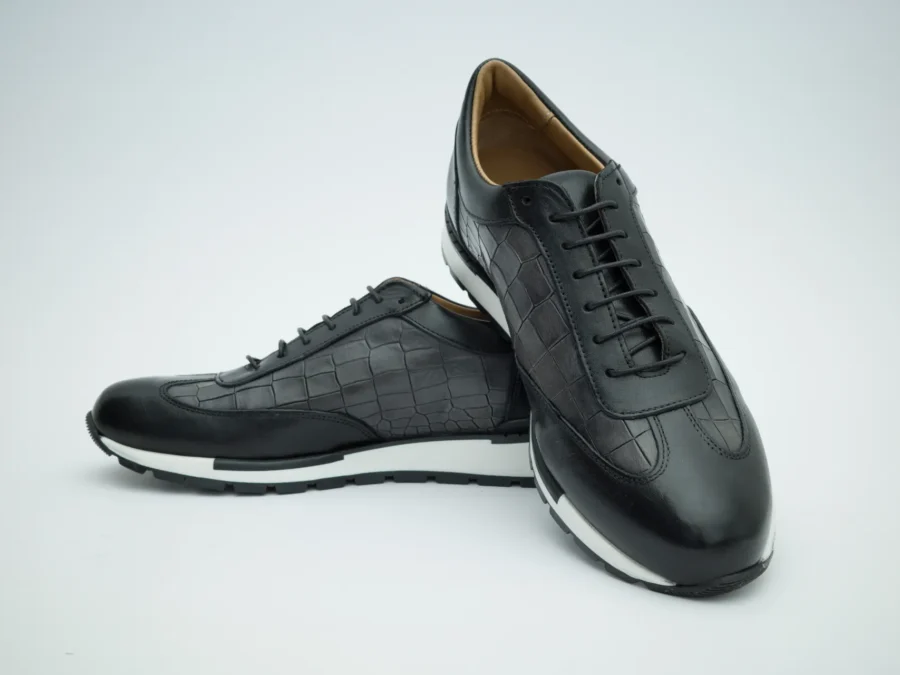 Black Leather Lace-Up with Crocodile