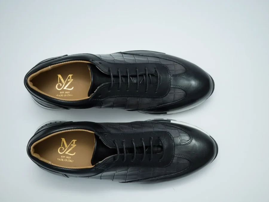 Black Leather Lace-Up with Crocodile