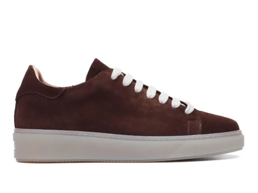 Crafted from soft suede dyed in brown with contrasting natural white laces.Interior lined in beige leather with brown printed logo and tongue with engraved logo.